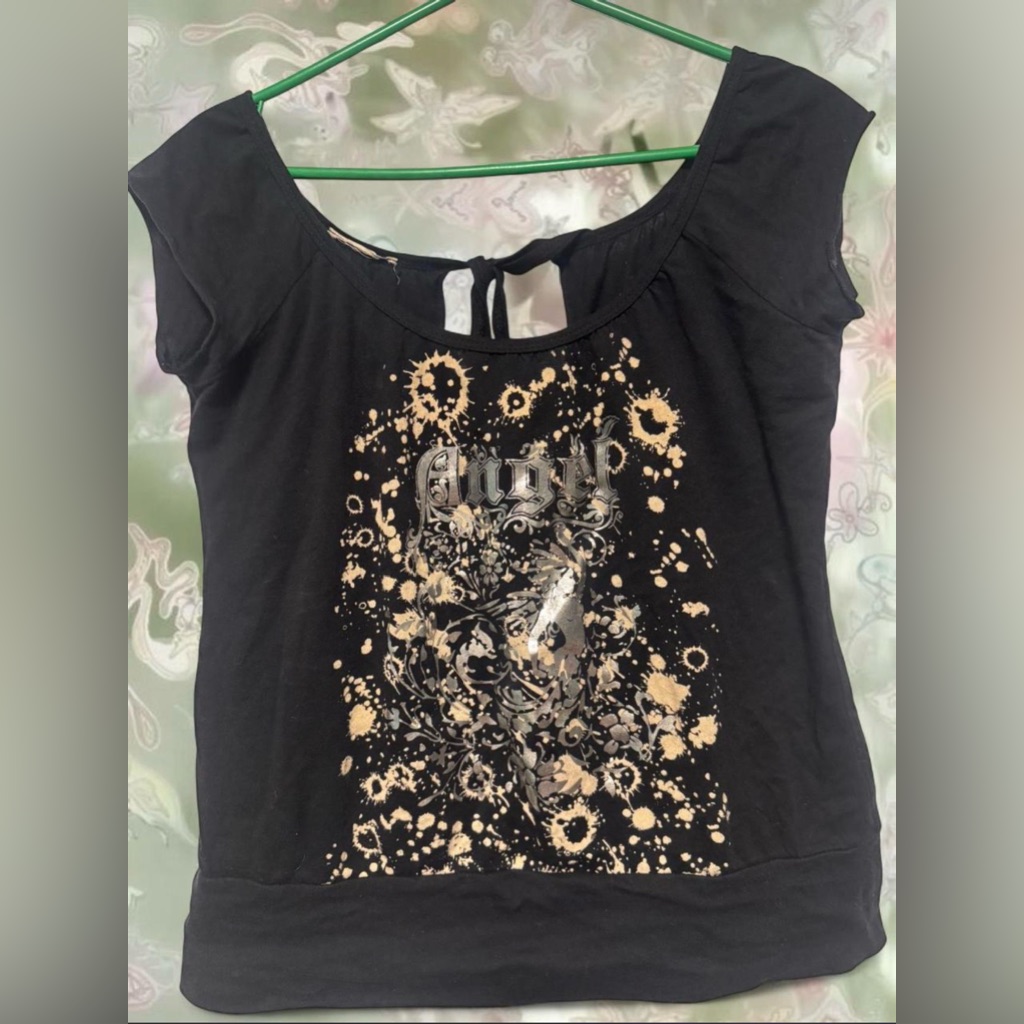 Angel Graphic Goth Top | Black | Open Back Tie Detail